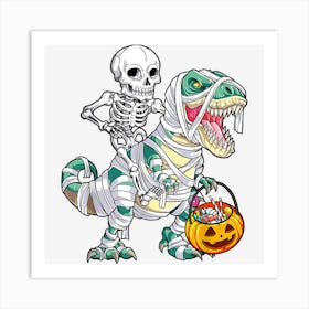 Skeleton On Mummy Trex Funny Halloween Dinosaur Boys Kids Art Print