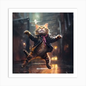 Joyful Cat Dancing In The Rain Art Print