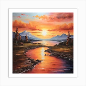 Sunset By The River \ Acrylic colours Art Print