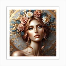 Beautiful Woman With Roses Art Print