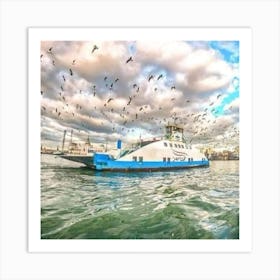 Birds Flying Over A Ferry Art Print