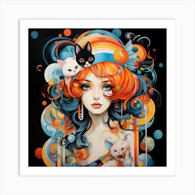 Girl With Cats Art Print