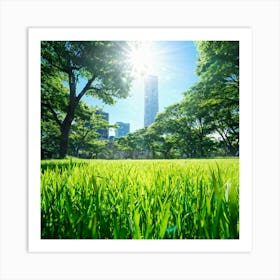 Bright Green Grass Under A Radiant Sun Swathed In Tokyo City Stands Out Against The Contrasting Sh (2) Art Print