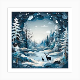 Winter Landscape With Deer 3 Art Print