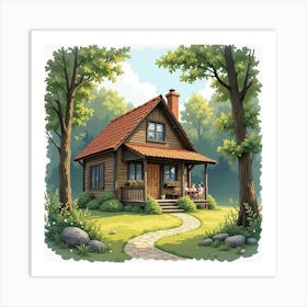 A Cozy English Cabin In The Woods With People Relaxing And Enjoying Nature, Watercolor 1 Art Print