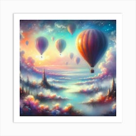 Dreamy Pastel Painting Of Hot Air Balloons Drifting Over A Fantasy Landscape, Style Soft Pastel Painting 1 Art Print
