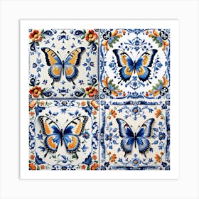 Delft Tiles Butterflies in Blue Art Print