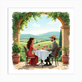 Romantic Watercolor Scene Of An Italian Couple Dining Al Fresco In Tuscany Art Print