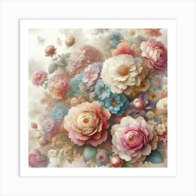 A Breathtakingly Detailed, Ultra High Resolution Illustration Of Exquisite Flowers As Wallpaper Art, Set Against A Soft, Creamy White Background, With Delicate Petals And Intricate Patterns Bursting With Vibrant Colors 2 Art Print