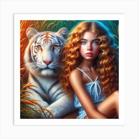 White Tiger And Girl Art Print