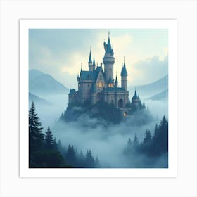 Mystical Castle Surrounded By Magical Fog, Watercolor 1 Art Print