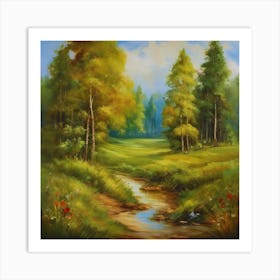 Stream In The Forest.Canada's forests. Dirt path. Spring flowers. Forest trees. Artwork. Oil on canvas. Art Print