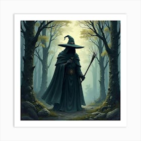 Black Magic Mage In A Watercolor Darkened Forest Realm 1 Art Print