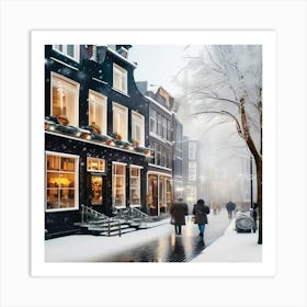 Amsterdam cafes, winter season, Christmas, pale colors, pedestrians in the street, winter clothes, falling snow.3 Art Print