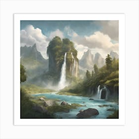 Waterfall In The Mountains Art Print