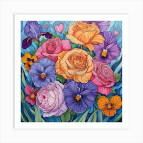 Pansies And Irises Art Print