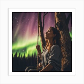 Woman looking at the northern lights Art Print