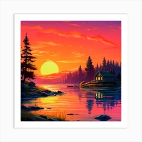 Sunset In The Lake,Digital art isolated house Art Print