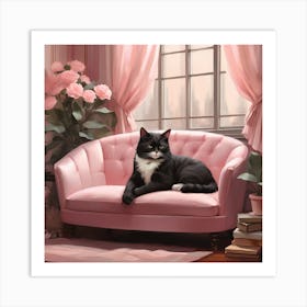 Cat Nap Tuxedo Cat Napping In Pink Interior Art Print 7 Art Print