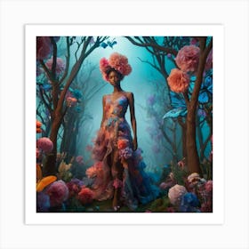 fashion, Surreal fashion garden, plant mannequins, giant flowers, organic dresses, twisted trees, cyber butterflies, psychedelic sky, colorful mist, floating lighting, enchanted podium, colors that change at the touch. Art Print