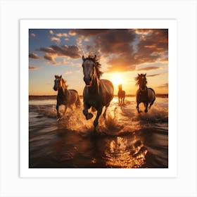 Horses Running At Sunset Art Print