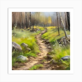 Path In The Woods.A dirt footpath in the forest. Spring season. Wild grasses on both ends of the path. Scattered rocks. Oil colors.23 Art Print