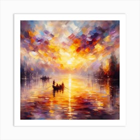 Sunset over the Lake: An Impressionist Painting of a Nature Scene with a Boat and Two People Art Print