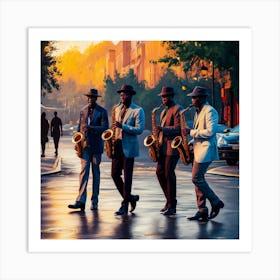 Sunset Serenade Stylish Saxophonists In A Vibrant Urban Evening (3) Art Print