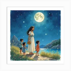 Watercolor Leto And Her Children Under A Greek Moonlight 1 Art Print