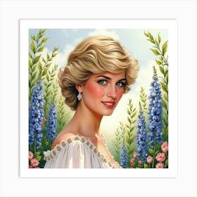 Watercolor Portrait Of Princess Diana Amidst An Enchanting Garden 1 Art Print