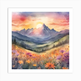 Watercolor Of Mountains And Flowers 1 Art Print