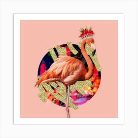 Royal Flamingo Wearing Floral Crown In Pink And Gold 1 Art Print