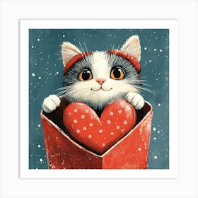 Cute Cat Peeking from Heart Gift Box 3 Art Print