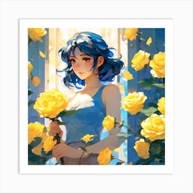 Anime Girl With Yellow Roses Art Print