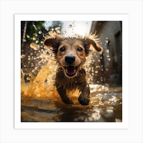 Dog Running In Water Art Print