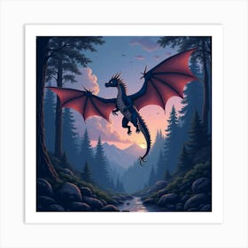 A Mystical Dragon Soaring Over An Enchanted Forest At Twilight 1 Art Print