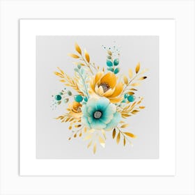 Watercolor Gold And Teal Bouquets 7 Art Print