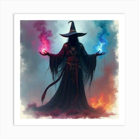 Black Magic Conjurer In A Colorful Watercolor Realm, Casting Dark Spells 1 Art Print