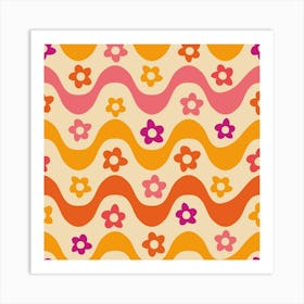 Groovy Hippie Flowers on Retro 70s Waves Art Print