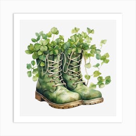 Green Boots With Clovers Art Print