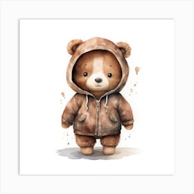 Watercolour Cartoon Brown Bear In A Hoodie 3 Art Print