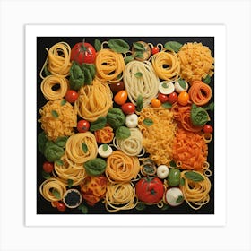 Pasta And Vegetables On Black Background Art Print