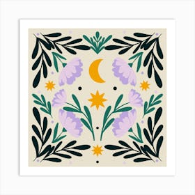 Stars Moon And Flowers - violet and green Art Print