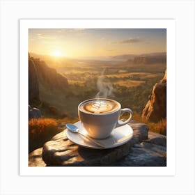 A cup of hot coffee on the rock with mountain Art Print