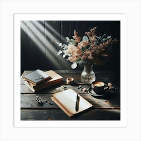 Book, Coffee And Flowers Art Print