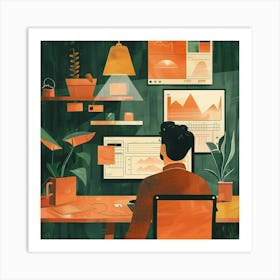 Illustration Of A Man Working At His Desk 3 Art Print