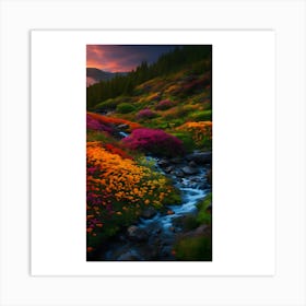 Mountain Stream With Colorful Flowers Art Print