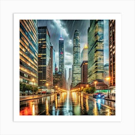 A cityscape at night with tall buildings and heavy rain with dramatic scenes. Art Print