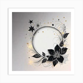 Floral Frame, black flower, yellow glow  Art Print