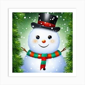 Snowman Adorned In A Top Hat And Scarf Peeking Mischievously From Behind A Frosted Pine Tree Twink Art Print